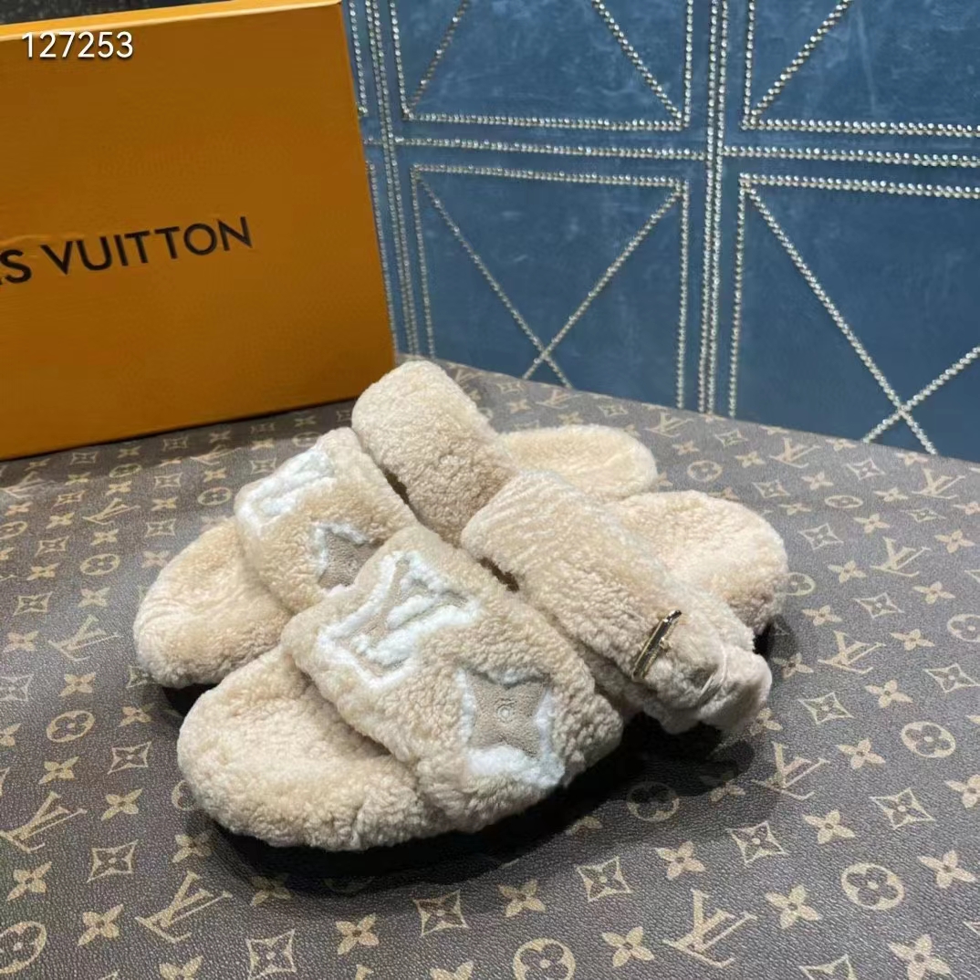 Louis Vuitton LV Unisex Paseo Flat Comfort Mule Beige Shearling Monogram Flowers
