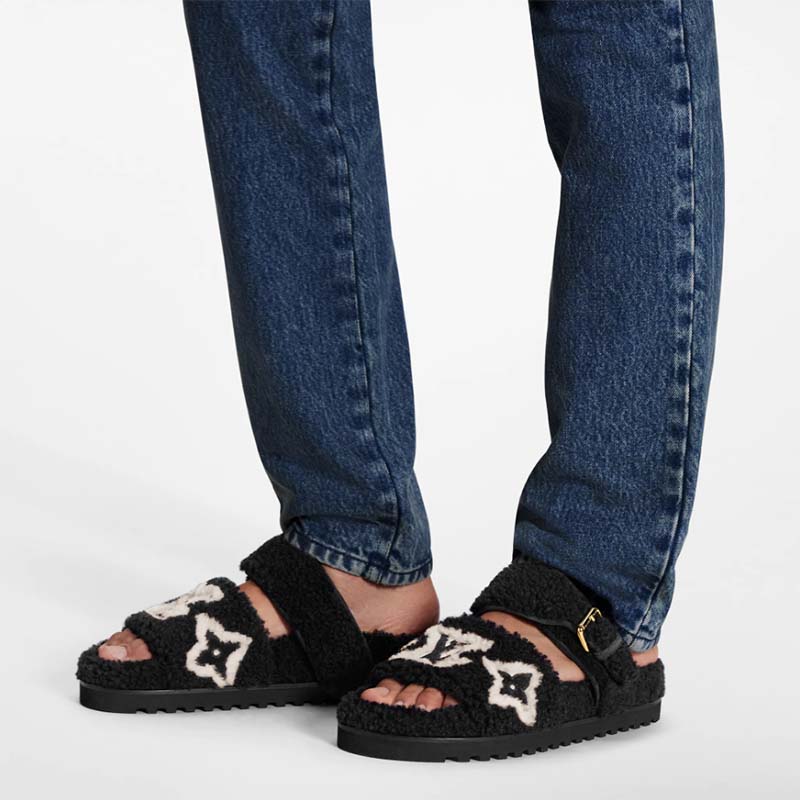 Louis Vuitton LV Unisex Paseo Flat Comfort Mule Black Shearling Monogram Flowers