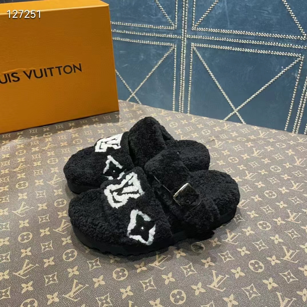 Louis Vuitton LV Unisex Paseo Flat Comfort Mule Black Shearling Monogram Flowers