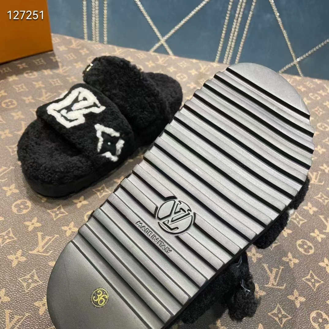 Louis Vuitton LV Unisex Paseo Flat Comfort Mule Black Shearling Monogram Flowers
