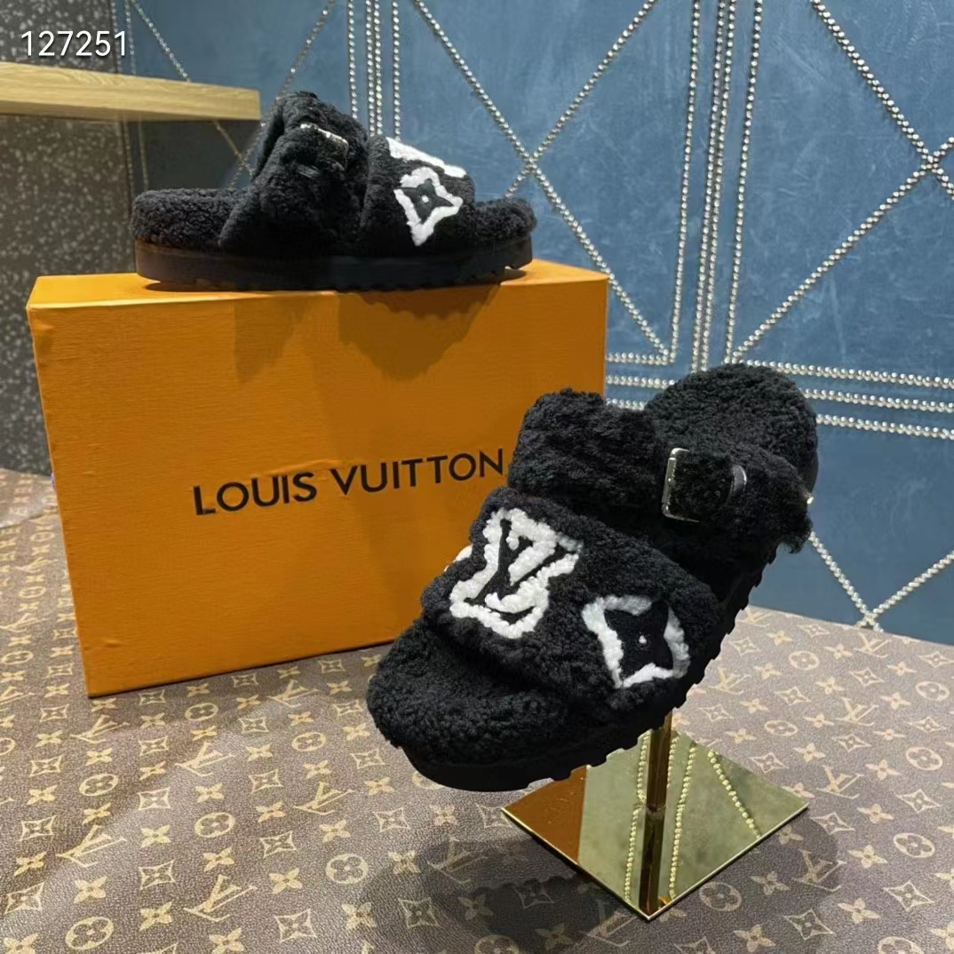 Louis Vuitton LV Unisex Paseo Flat Comfort Mule Black Shearling Monogram Flowers