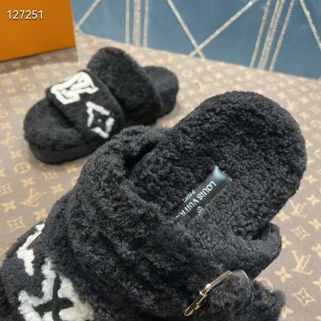 Louis Vuitton LV Unisex Paseo Flat Comfort Mule Black Shearling Monogram Flowers