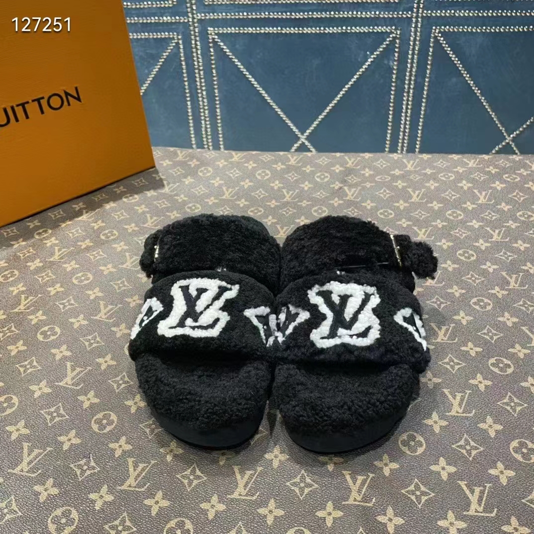 Louis Vuitton LV Unisex Paseo Flat Comfort Mule Black Shearling Monogram Flowers
