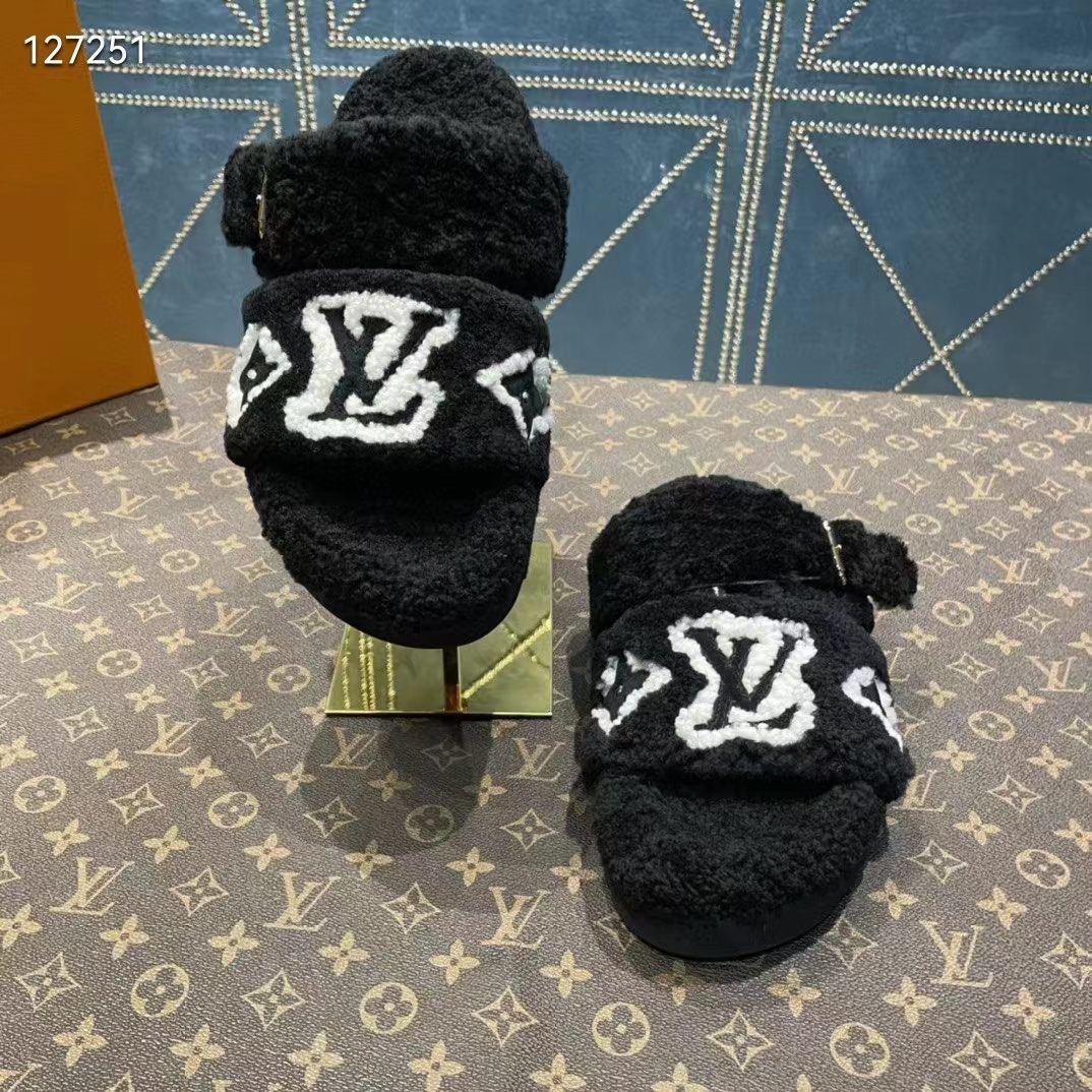 Louis Vuitton LV Unisex Paseo Flat Comfort Mule Black Shearling Monogram Flowers