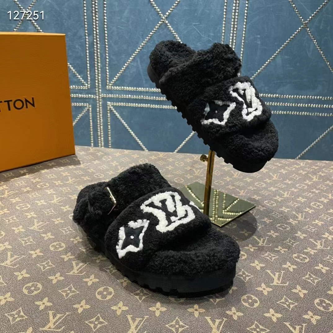 Louis Vuitton LV Unisex Paseo Flat Comfort Mule Black Shearling Monogram Flowers