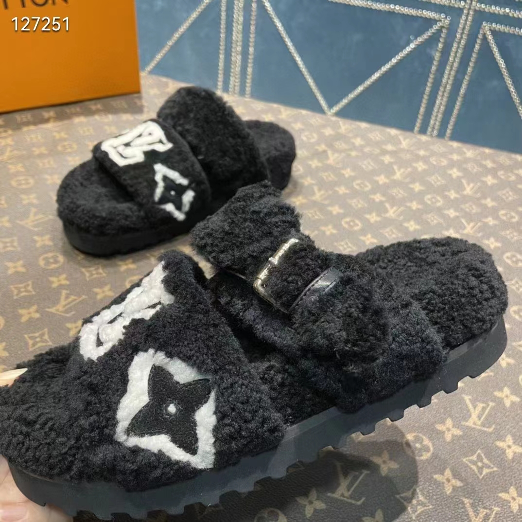 Louis Vuitton LV Unisex Paseo Flat Comfort Mule Black Shearling Monogram Flowers