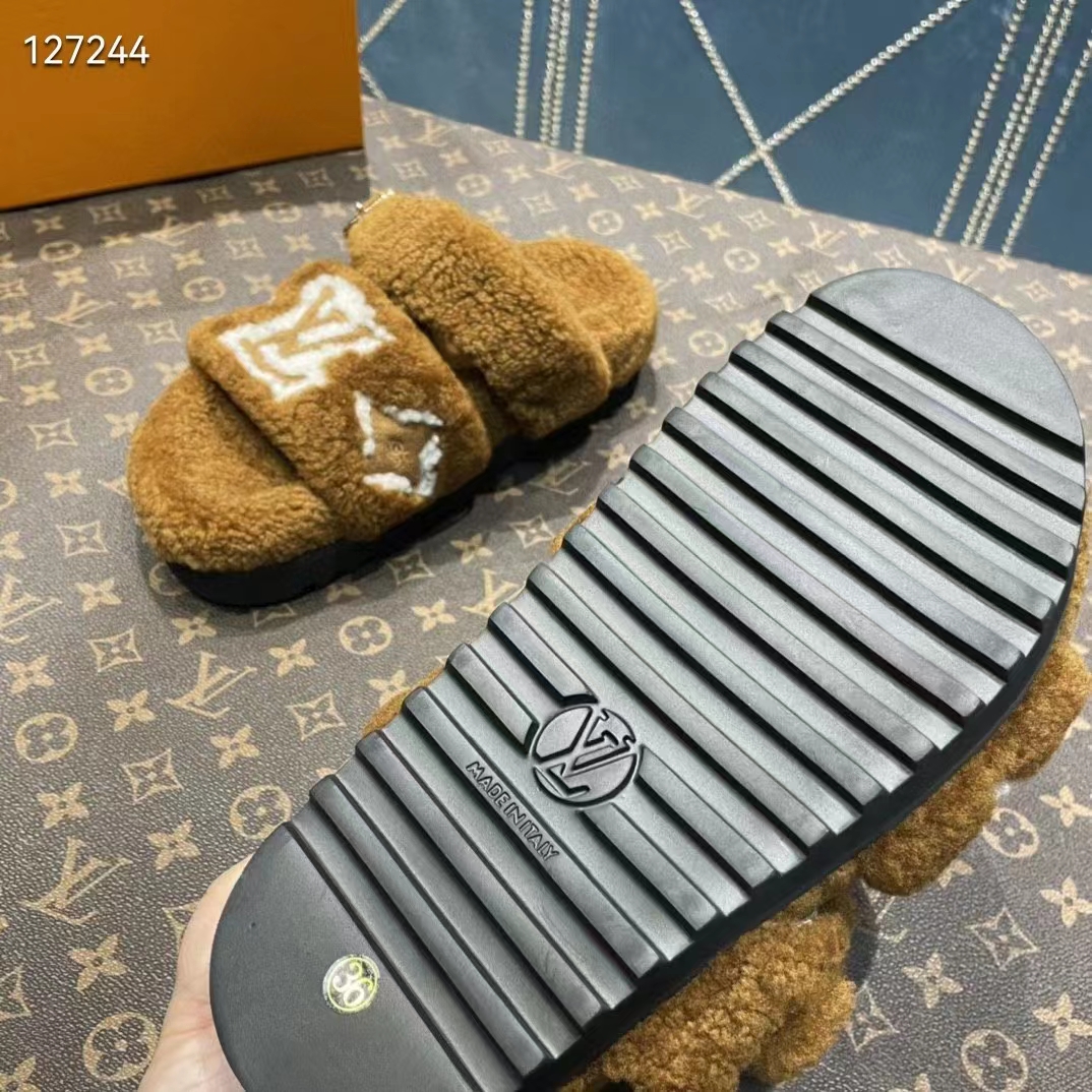 Louis Vuitton LV Unisex Paseo Flat Comfort Mule Cognac Brown Shearling Monogram Flowers
