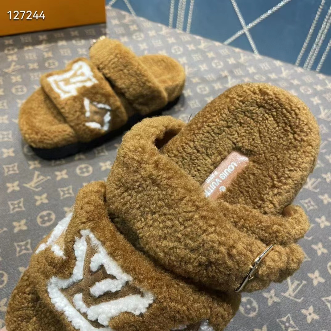 Louis Vuitton LV Unisex Paseo Flat Comfort Mule Cognac Brown Shearling Monogram Flowers