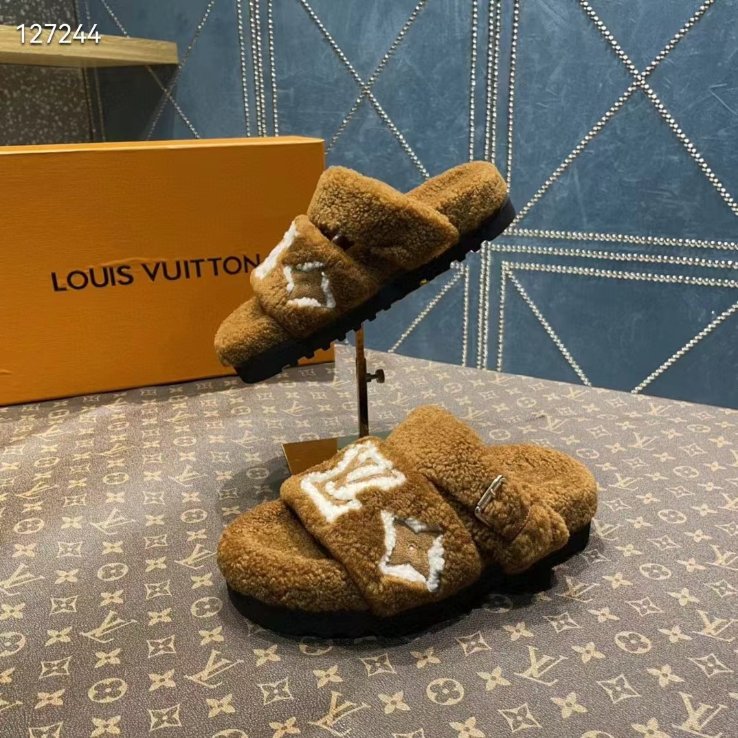 Louis Vuitton LV Unisex Paseo Flat Comfort Mule Cognac Brown Shearling Monogram Flowers