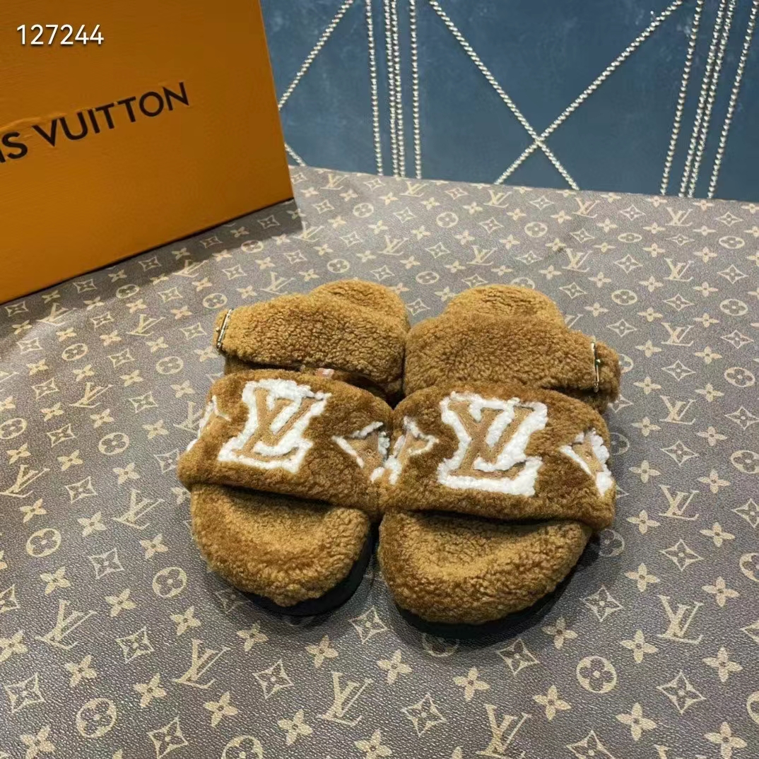 Louis Vuitton LV Unisex Paseo Flat Comfort Mule Cognac Brown Shearling Monogram Flowers
