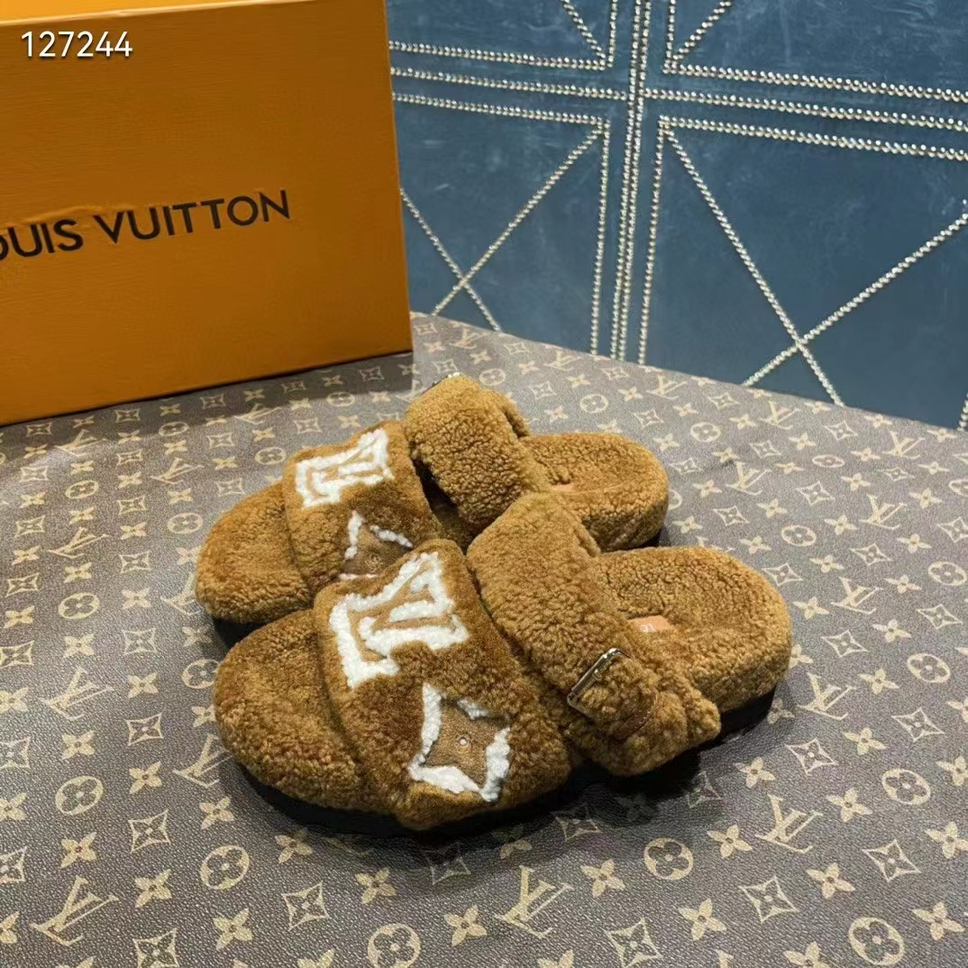 Louis Vuitton LV Unisex Paseo Flat Comfort Mule Cognac Brown Shearling Monogram Flowers