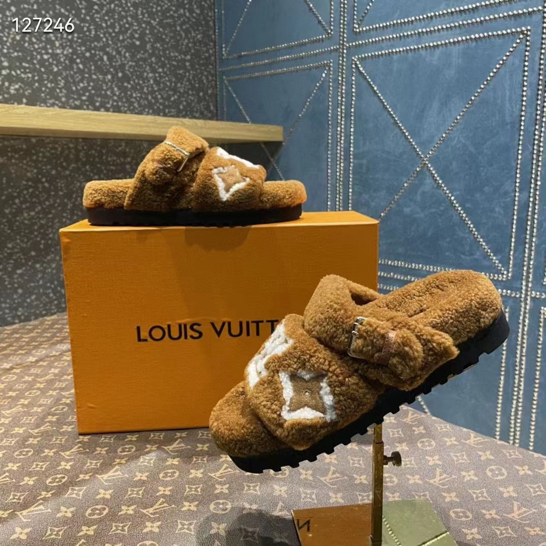 Louis Vuitton LV Unisex Paseo Flat Comfort Mule Cognac Brown Shearling Monogram Flowers
