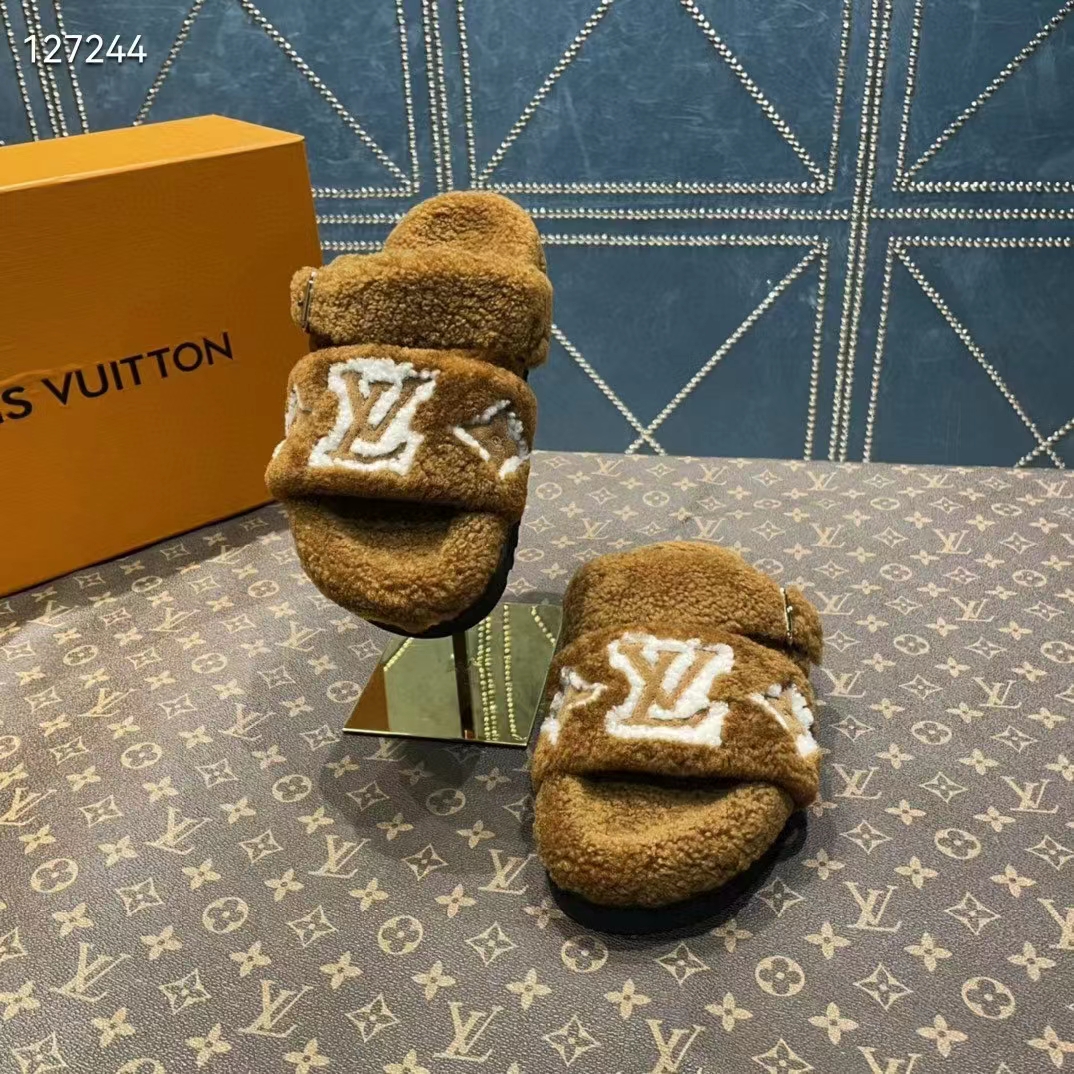 Louis Vuitton LV Unisex Paseo Flat Comfort Mule Cognac Brown Shearling Monogram Flowers