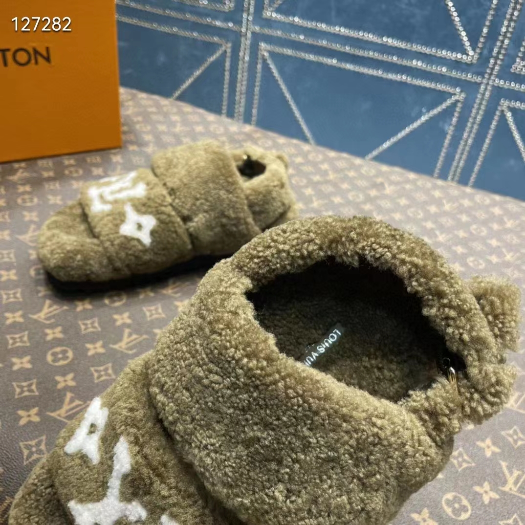Louis Vuitton LV Unisex Paseo Flat Comfort Mule Dark Green Shearling Monogram Flowers