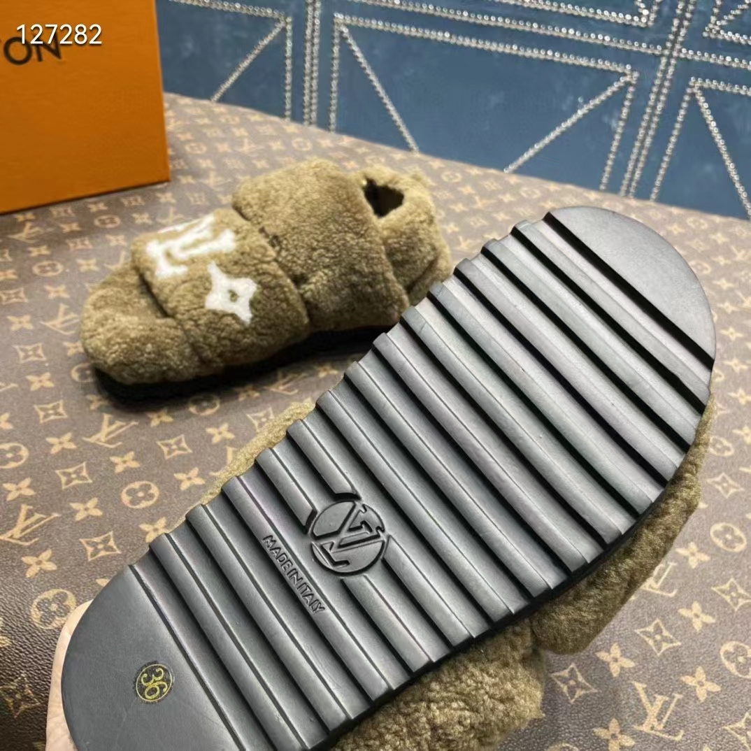 Louis Vuitton LV Unisex Paseo Flat Comfort Mule Dark Green Shearling Monogram Flowers