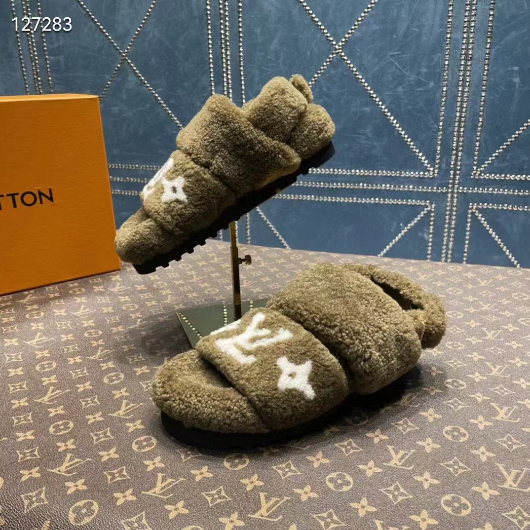 Louis Vuitton LV Unisex Paseo Flat Comfort Mule Dark Green Shearling Monogram Flowers