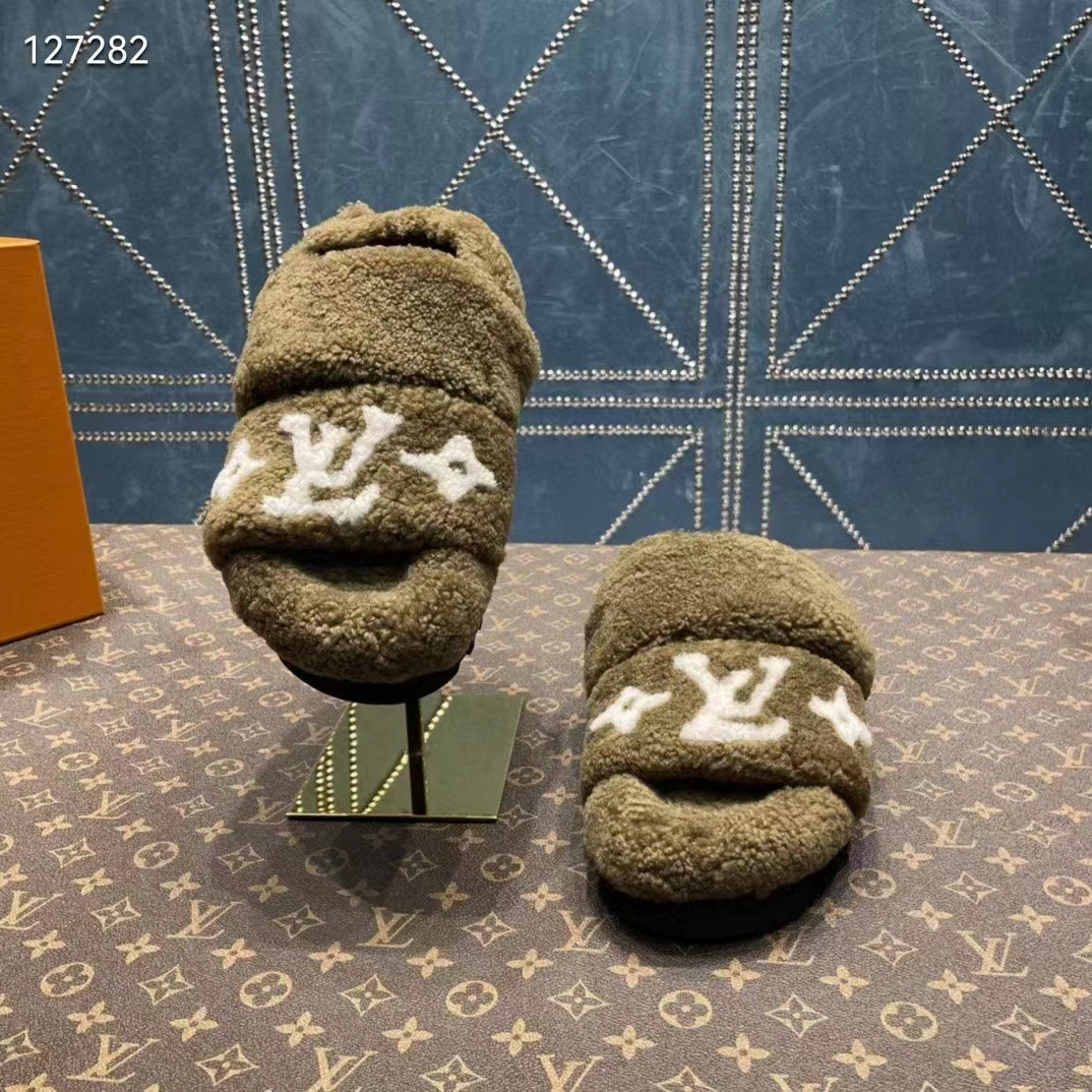 Louis Vuitton LV Unisex Paseo Flat Comfort Mule Dark Green Shearling Monogram Flowers
