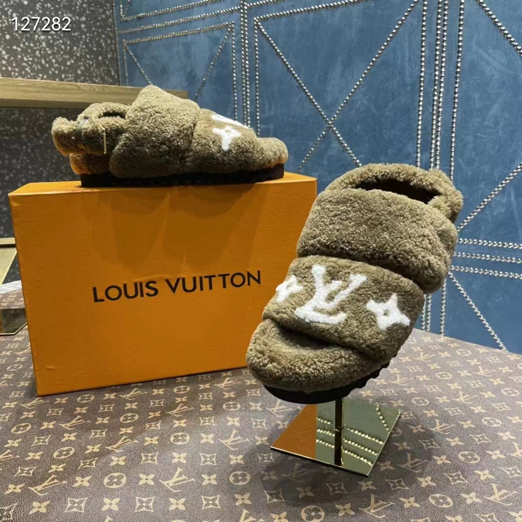 Louis Vuitton LV Unisex Paseo Flat Comfort Mule Dark Green Shearling Monogram Flowers