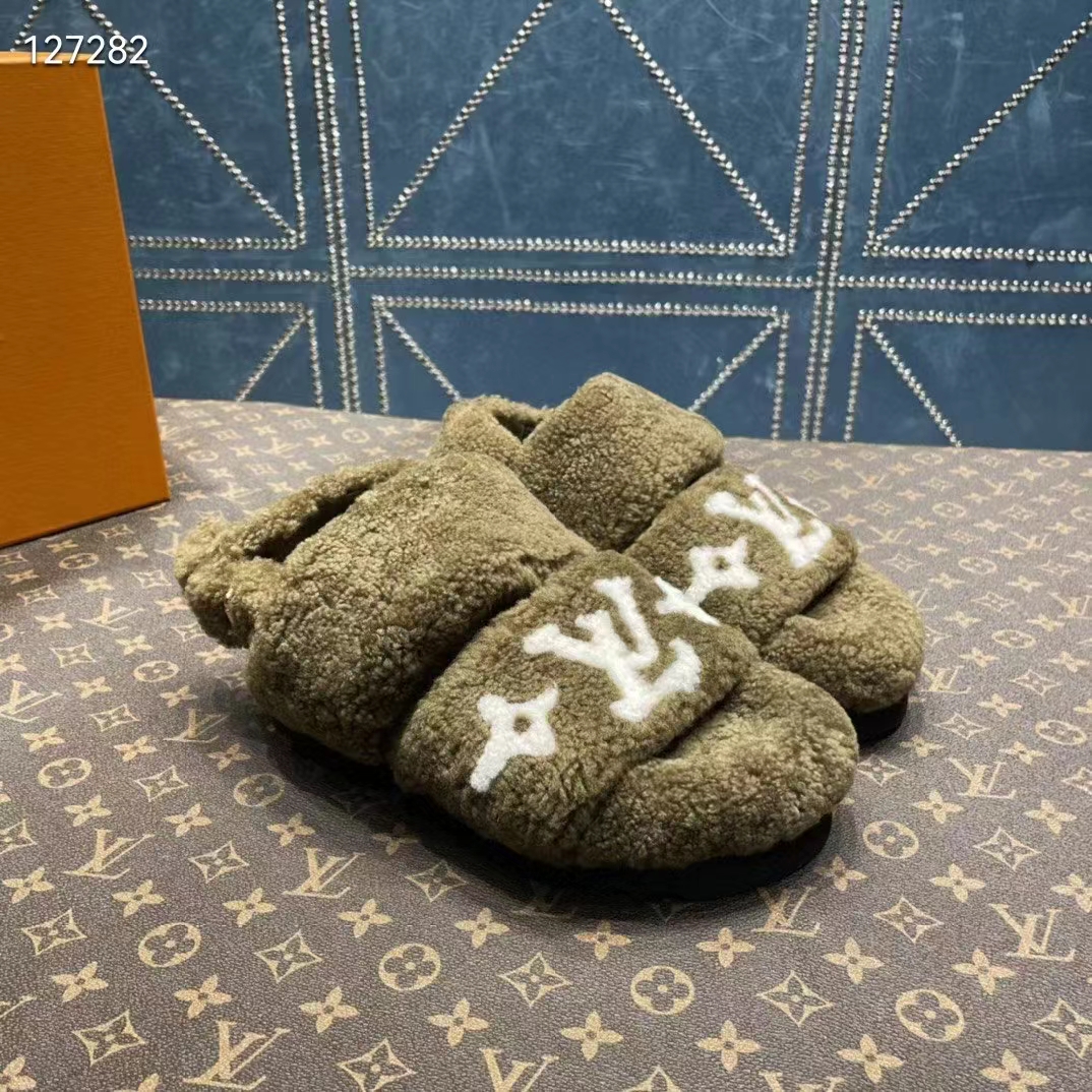 Louis Vuitton LV Unisex Paseo Flat Comfort Mule Dark Green Shearling Monogram Flowers