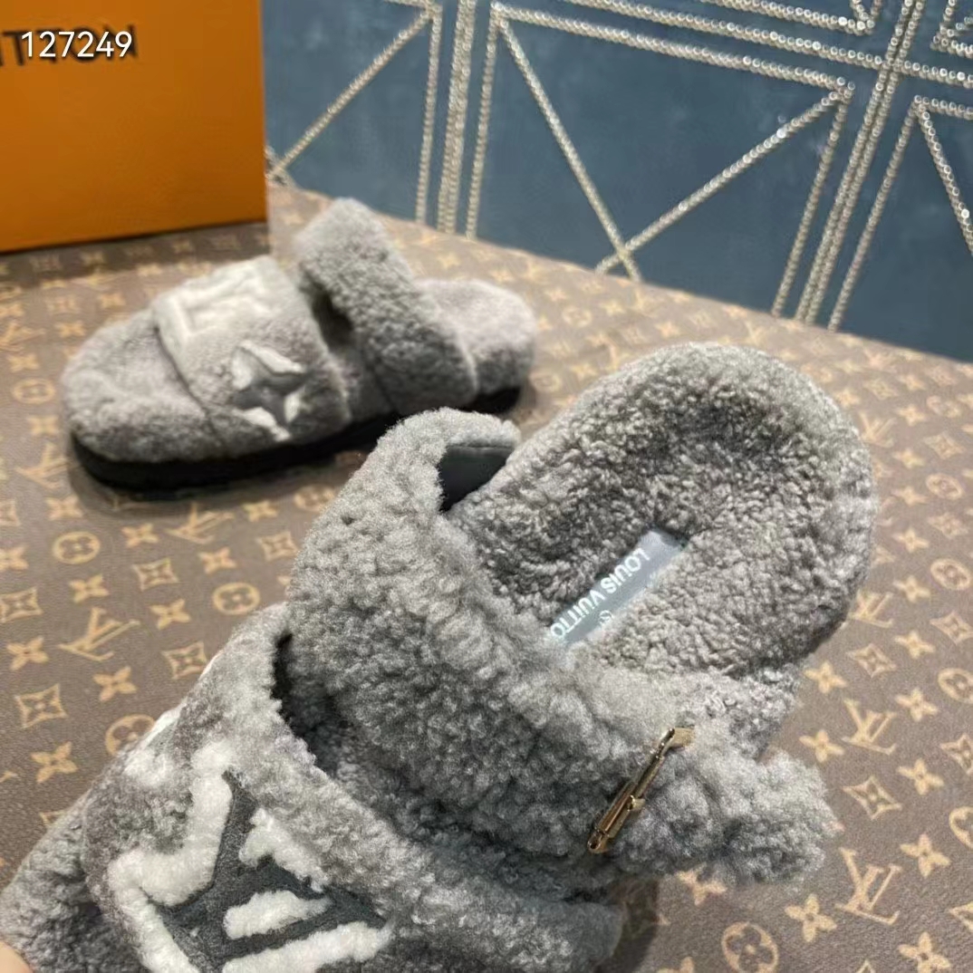 Louis Vuitton LV Unisex Paseo Flat Comfort Mule Grey Shearling Monogram Flowers