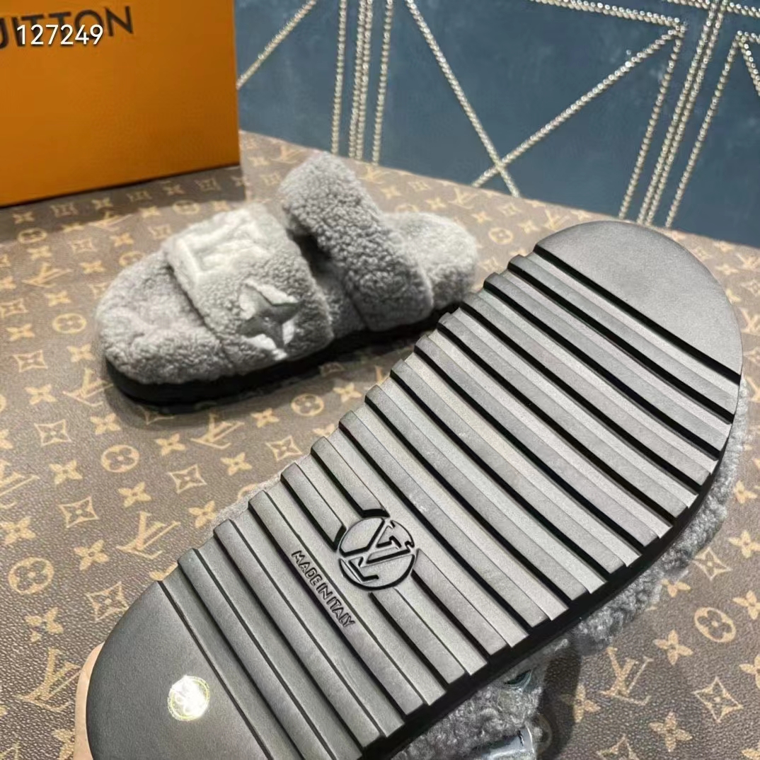 Louis Vuitton LV Unisex Paseo Flat Comfort Mule Grey Shearling Monogram Flowers