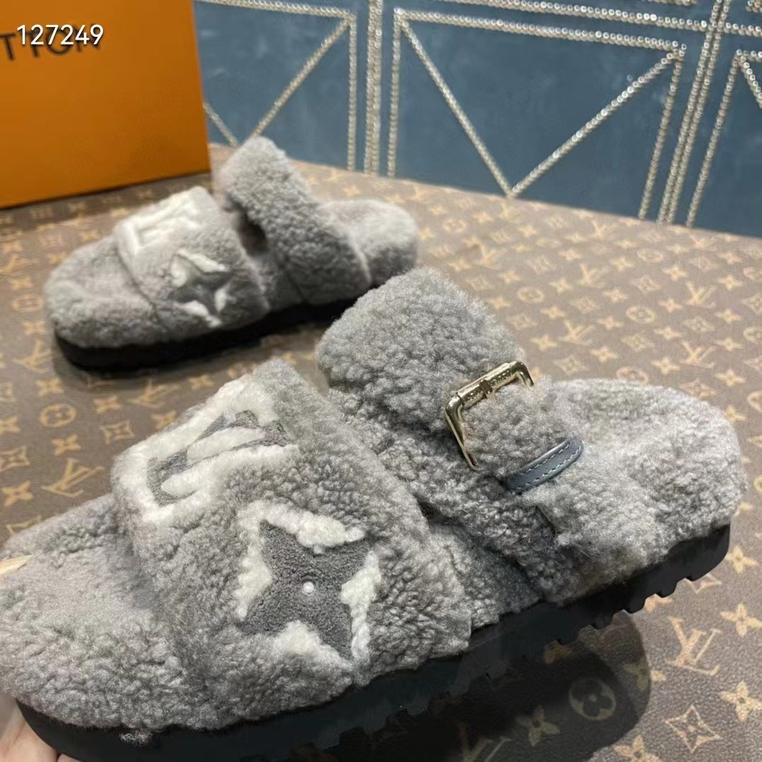 Louis Vuitton LV Unisex Paseo Flat Comfort Mule Grey Shearling Monogram Flowers