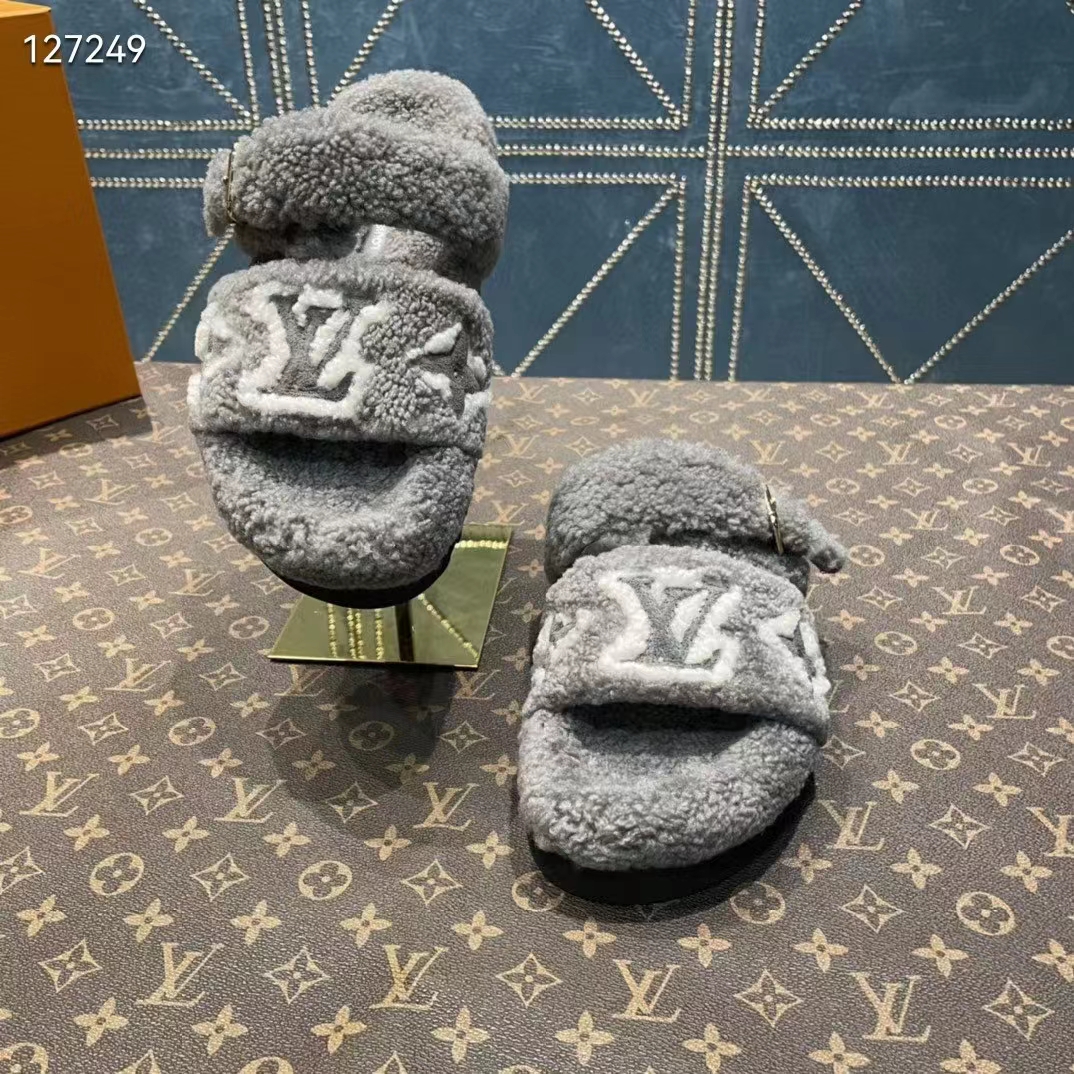 Louis Vuitton LV Unisex Paseo Flat Comfort Mule Grey Shearling Monogram Flowers