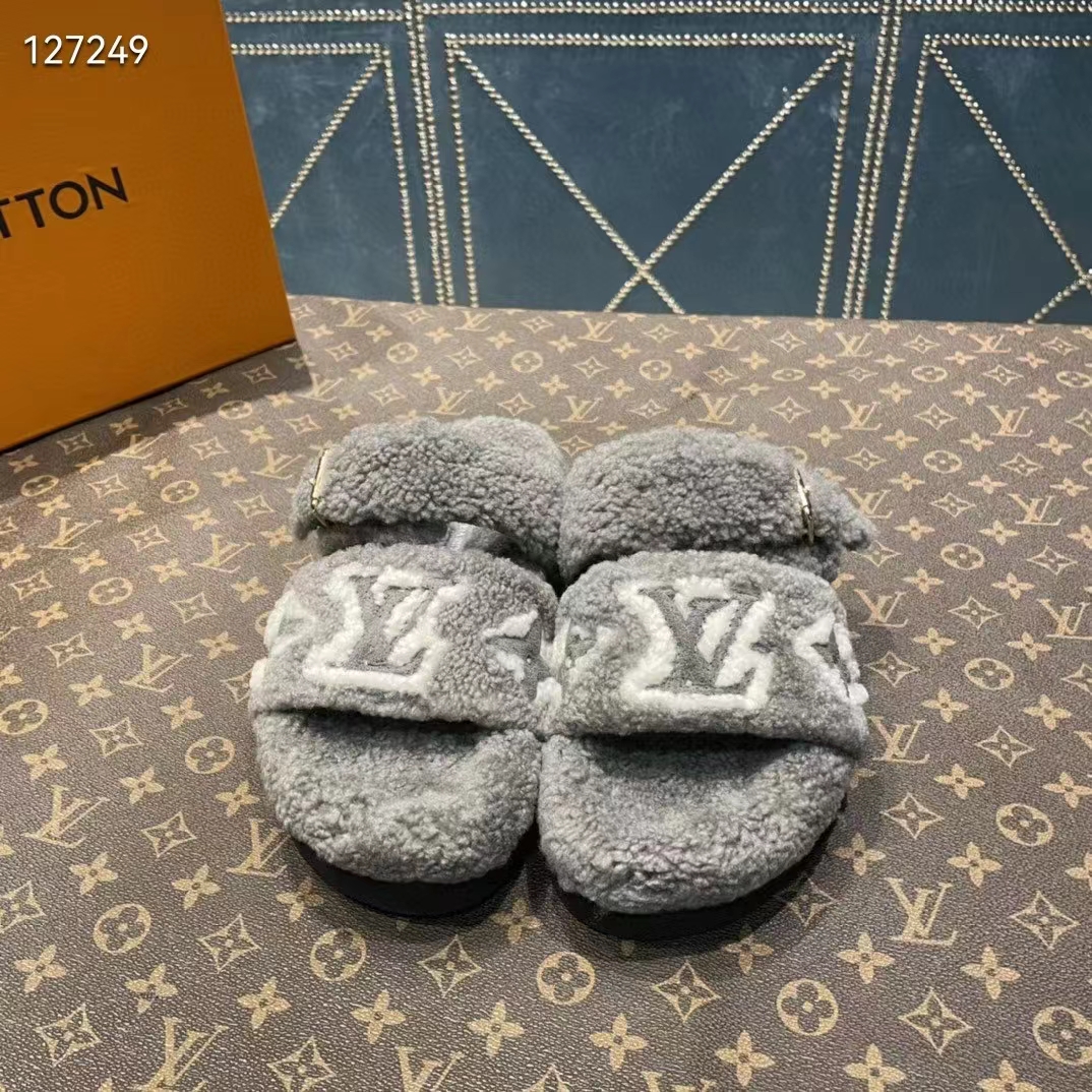 Louis Vuitton LV Unisex Paseo Flat Comfort Mule Grey Shearling Monogram Flowers