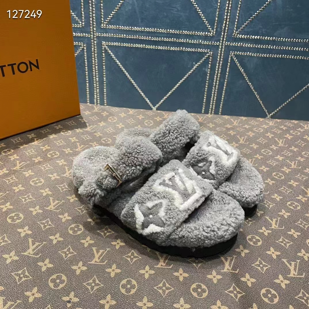Louis Vuitton LV Unisex Paseo Flat Comfort Mule Grey Shearling Monogram Flowers