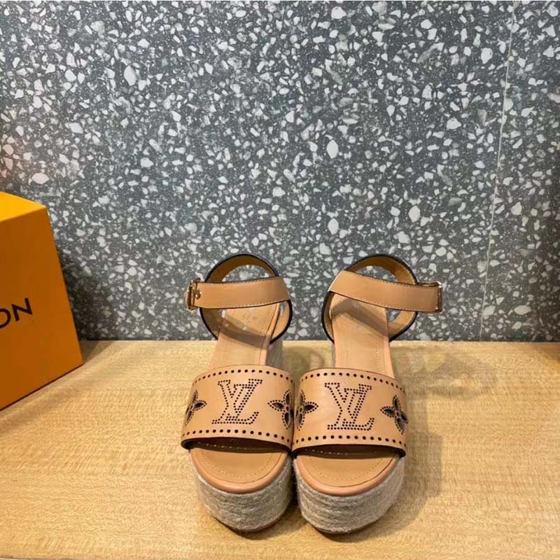 Louis Vuitton LV Women Starboard Wedge Sandal Perforated Calf Leather Rope Rubber
