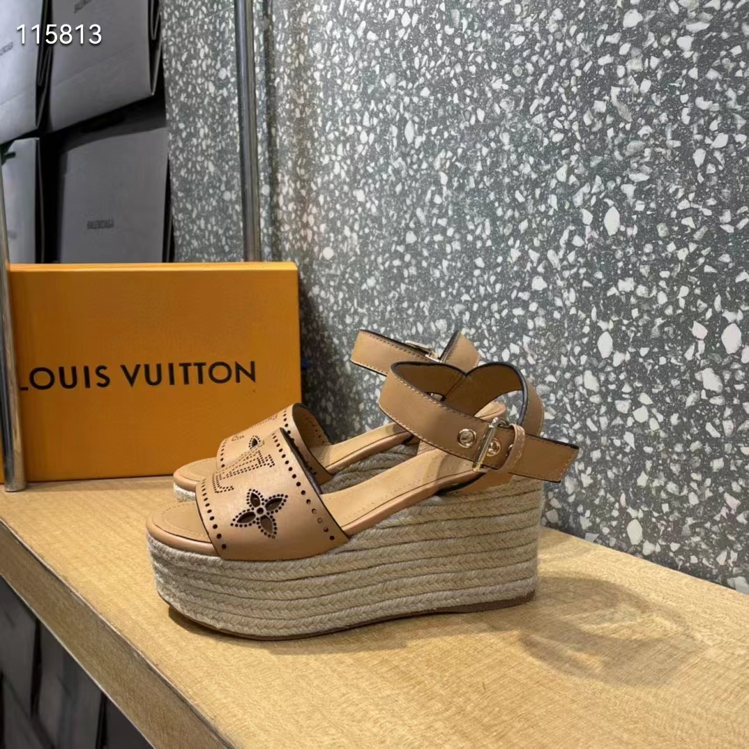 Louis Vuitton LV Women Starboard Wedge Sandal Perforated Calf Leather Rope Rubber