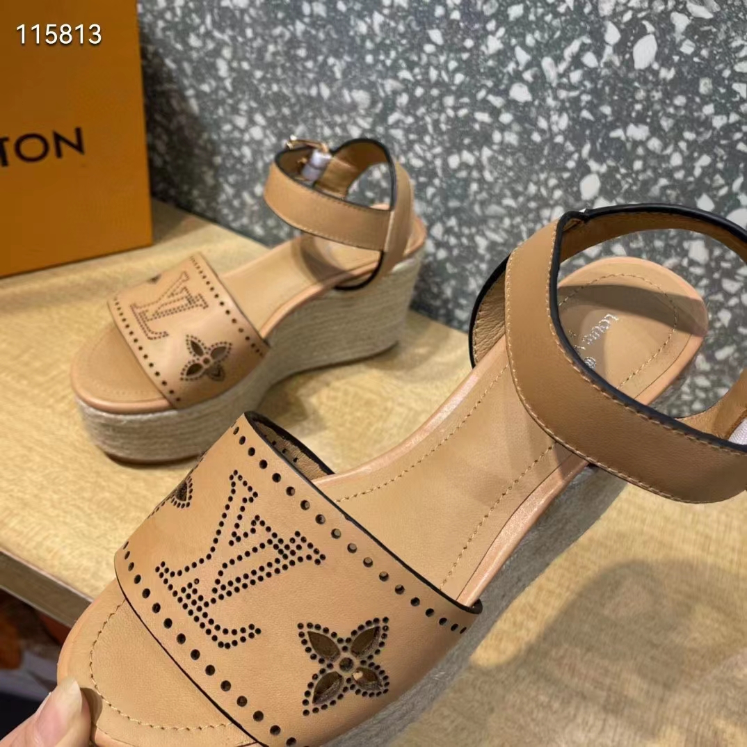 Louis Vuitton LV Women Starboard Wedge Sandal Perforated Calf Leather Rope Rubber
