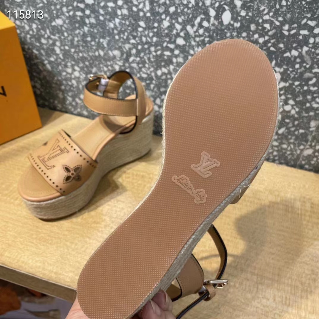 Louis Vuitton LV Women Starboard Wedge Sandal Perforated Calf Leather Rope Rubber