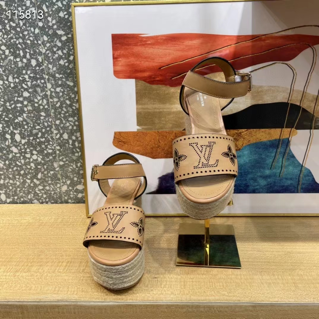Louis Vuitton LV Women Starboard Wedge Sandal Perforated Calf Leather Rope Rubber