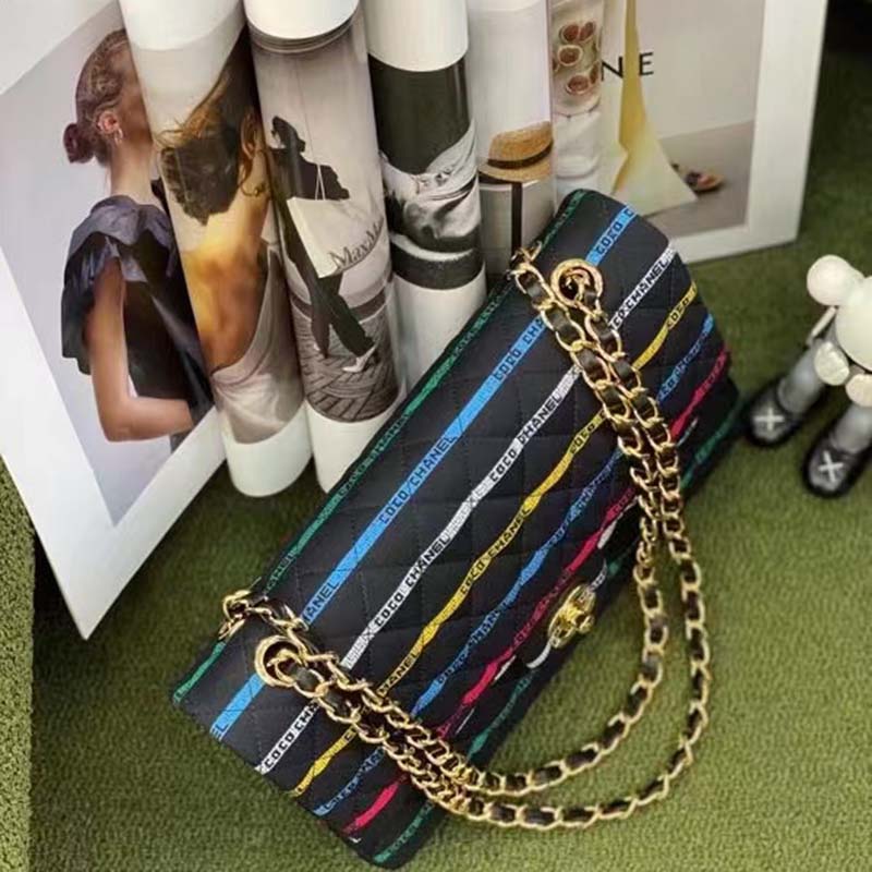 Chanel Women CC Classic Handbag Cotton Gold-Tone Metal Black Multicolor