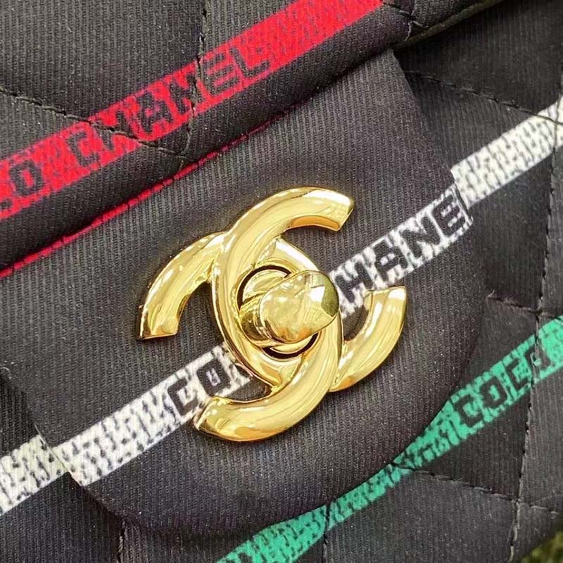 Chanel Women CC Classic Handbag Cotton Gold-Tone Metal Black Multicolor