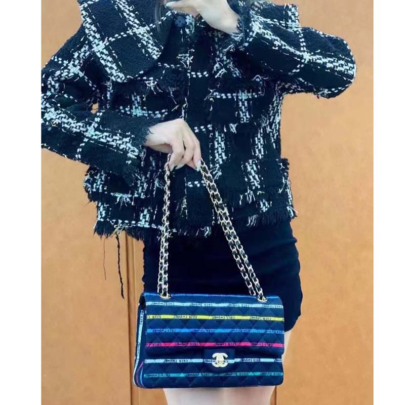 Chanel Women CC Classic Handbag Cotton Gold-Tone Metal Black Multicolor