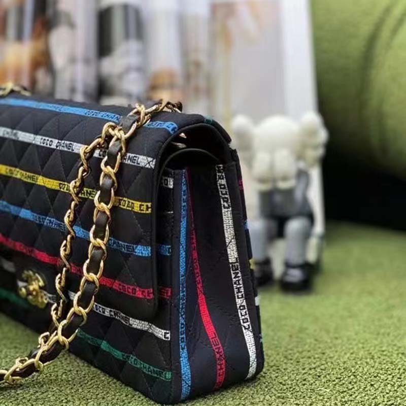 Chanel Women CC Classic Handbag Cotton Gold-Tone Metal Black Multicolor