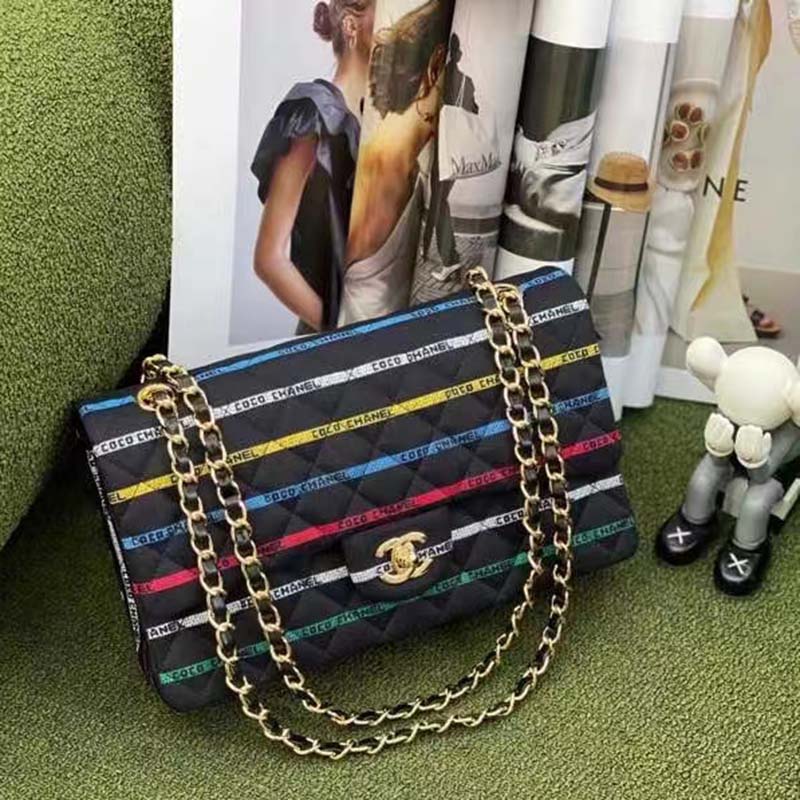 Chanel Women CC Classic Handbag Cotton Gold-Tone Metal Black Multicolor