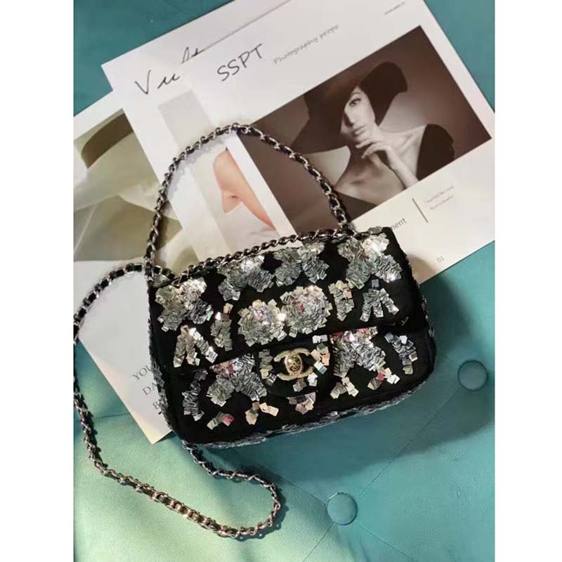 Chanel Women CC Classic Handbag Embroidered Velvet Sequins Silver-Tone Metal Black Silver