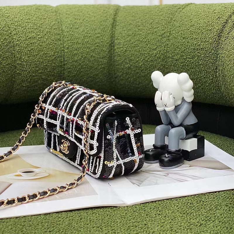 Chanel Women CC Only 1 Bag Set Of 4 Minis Bags Black Lambskin Sequins Glass Pearls