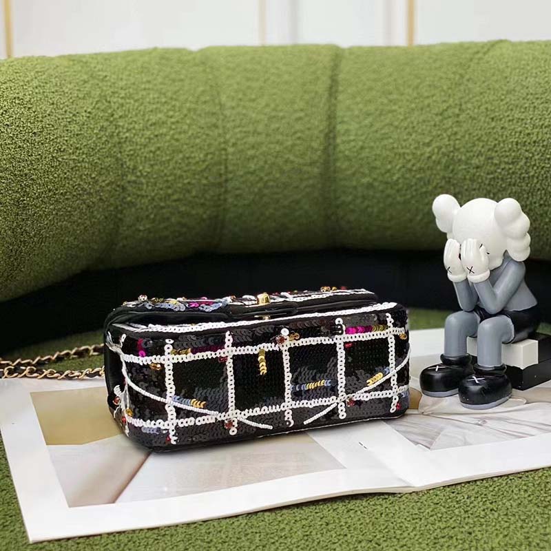 Chanel Women CC Only 1 Bag Set Of 4 Minis Bags Black Lambskin Sequins Glass Pearls