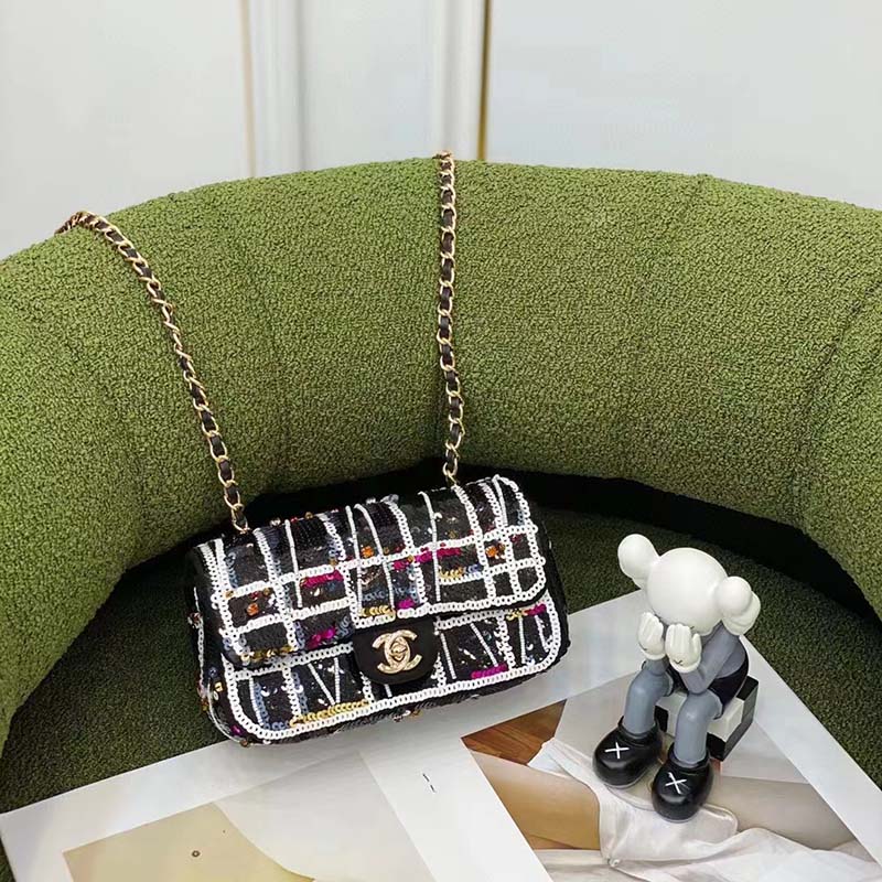 Chanel Women CC Only 1 Bag Set Of 4 Minis Bags Black Lambskin Sequins Glass Pearls