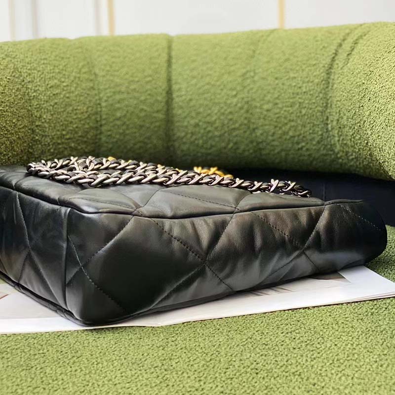 Chanel Women CC Chanel 19 Shopping Bag Lambskin Gold Silver-Tone Metal Black
