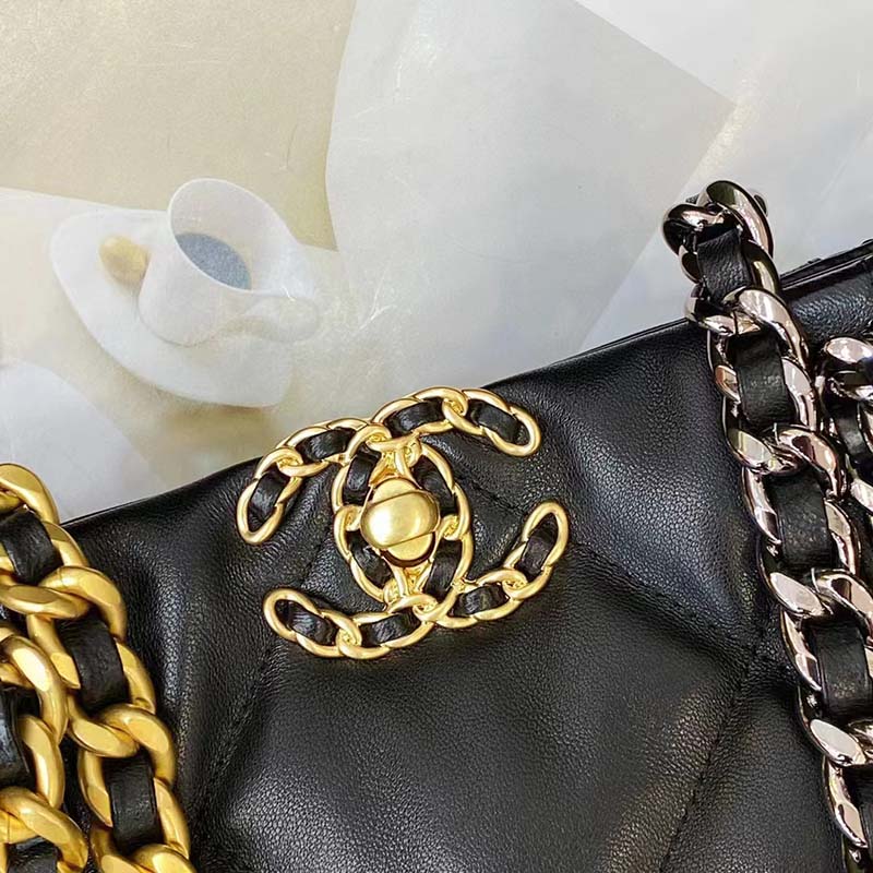 Chanel Women CC Chanel 19 Shopping Bag Lambskin Gold Silver-Tone Metal Black