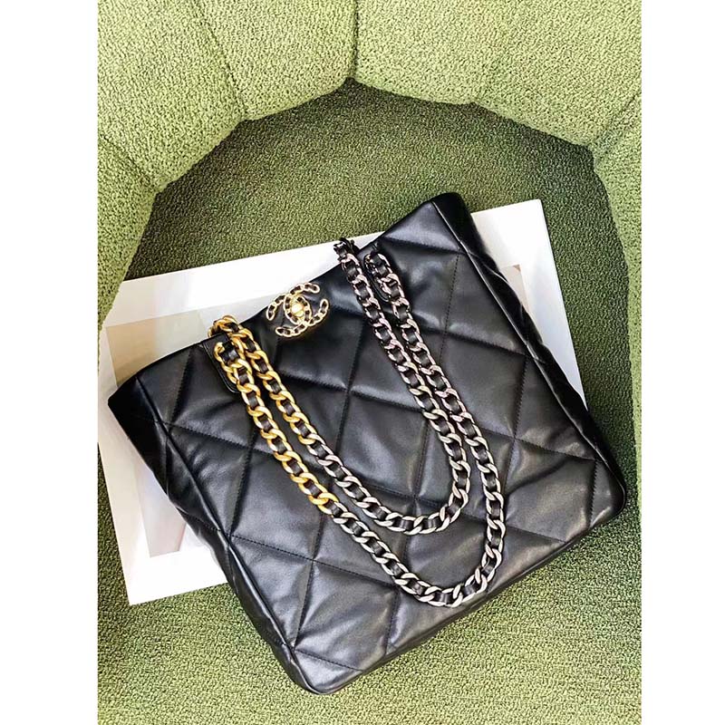 Chanel Women CC Chanel 19 Shopping Bag Lambskin Gold Silver-Tone Metal Black