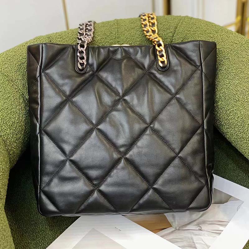 Chanel Women CC Chanel 19 Shopping Bag Lambskin Gold Silver-Tone Metal Black