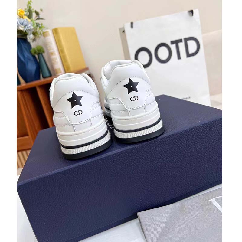 Dior Unisex CD D-Freeway Sneaker Vibe White Calfskin Leather Two Tone Rubber Sole Star