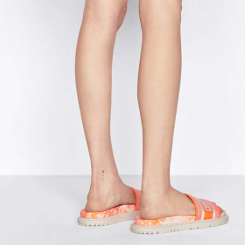 Dior Women CD Dway Slide Bright Orange Toile De Jouy Embroidered Cotton
