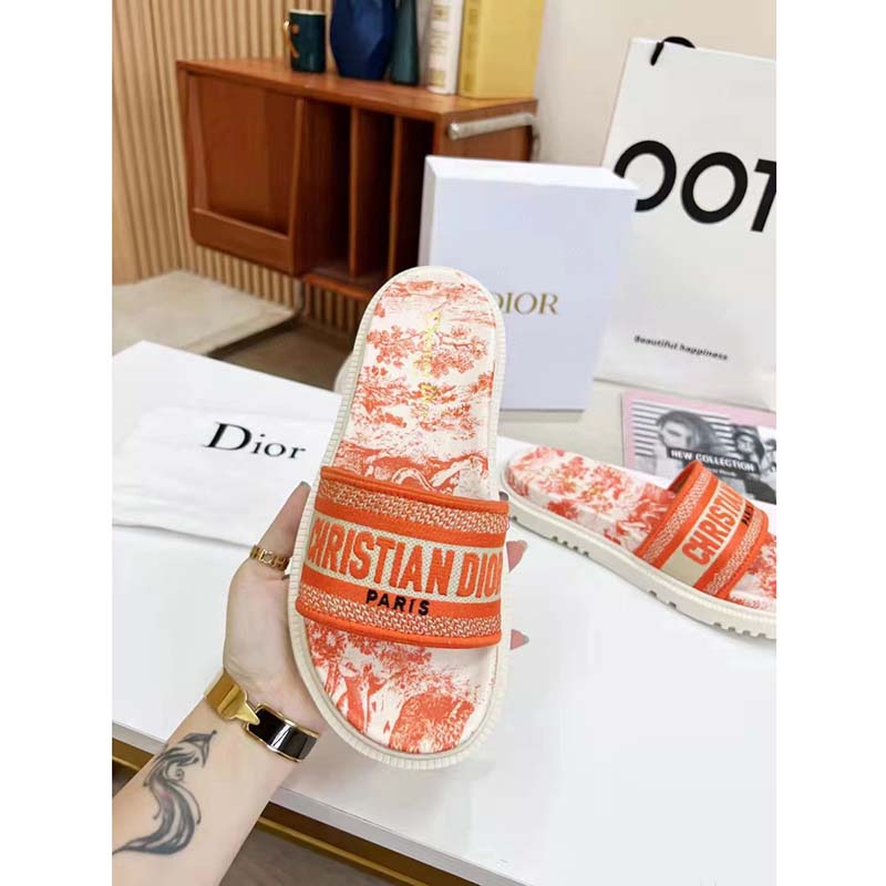 Dior Women CD Dway Slide Bright Orange Toile De Jouy Embroidered Cotton